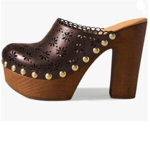 FOWT Deep Brown Leather Studded Closed Round Toe Floral Cut Out Platform Mules